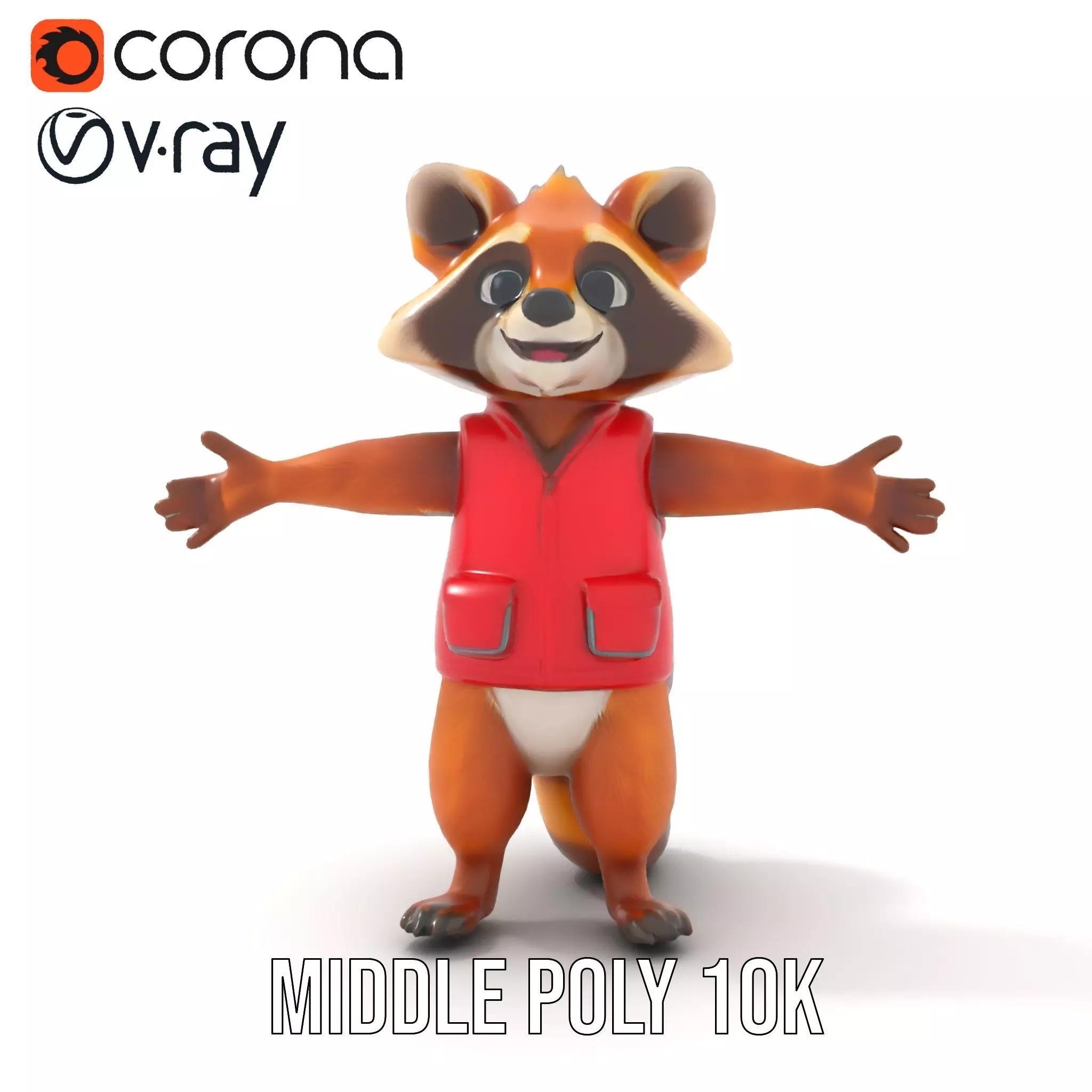 Cartoon Raccoon Character Rigged and Animated with Vest Low-poly 3D model_11