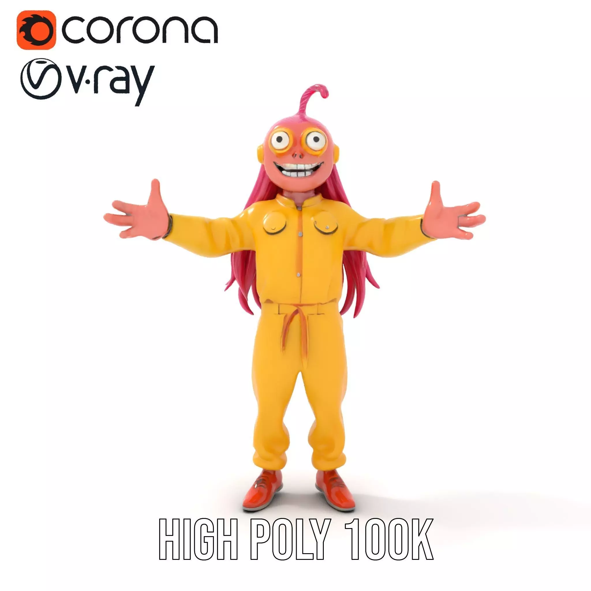 Smiling PinkHaired Character in Yellow Jumpsuit  Rigged and A... Low-poly 3D model_15