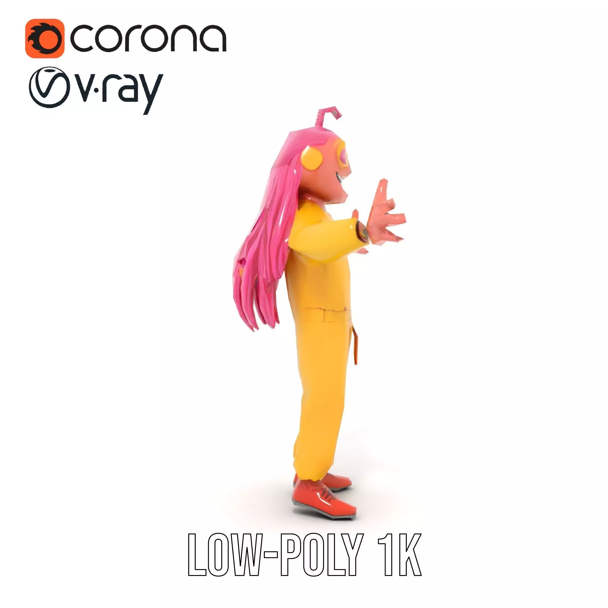 Smiling PinkHaired Character in Yellow Jumpsuit  Rigged and A... Low-poly 3D model_14