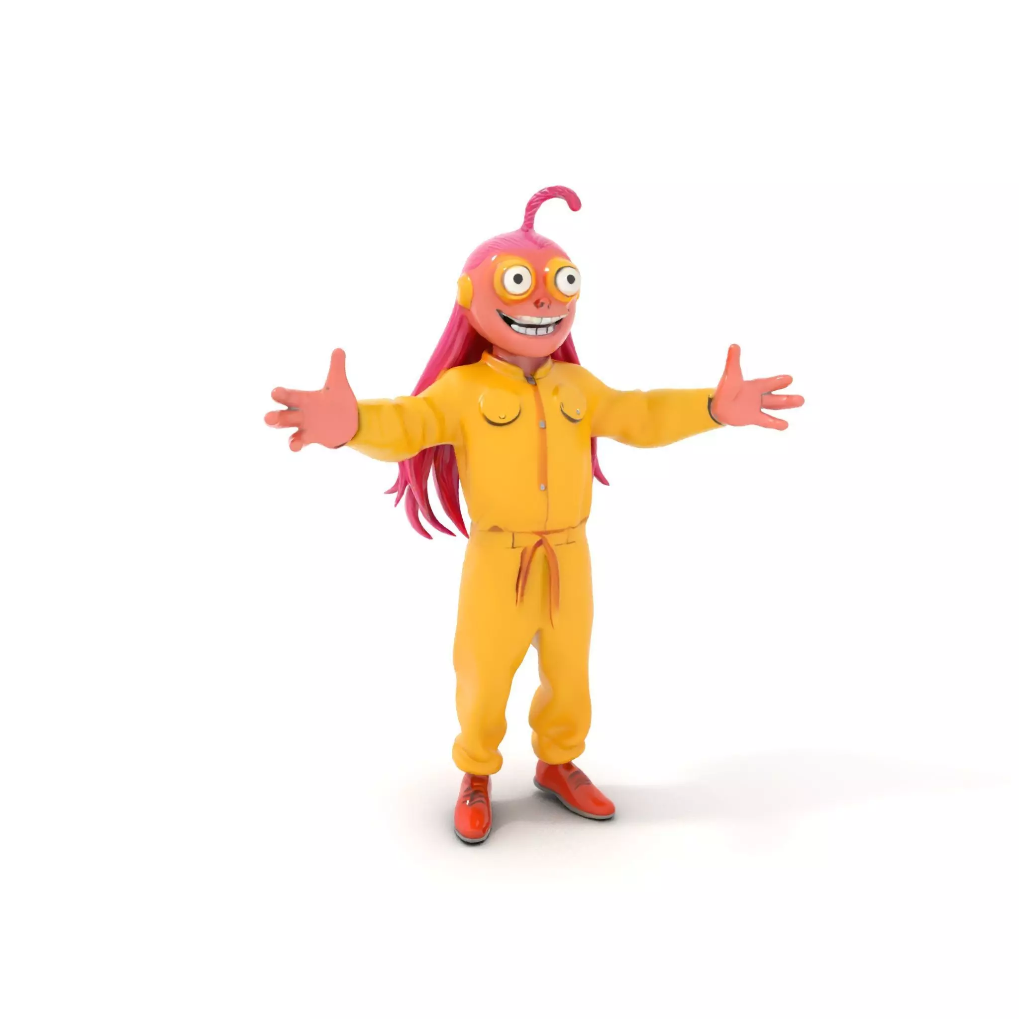 Smiling PinkHaired Character in Yellow Jumpsuit  Rigged and A... Low-poly 3D model_0