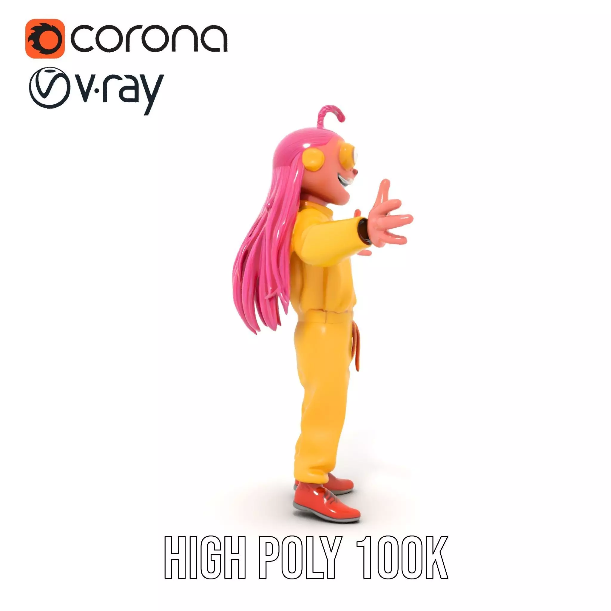 Smiling PinkHaired Character in Yellow Jumpsuit  Rigged and A... Low-poly 3D model_29