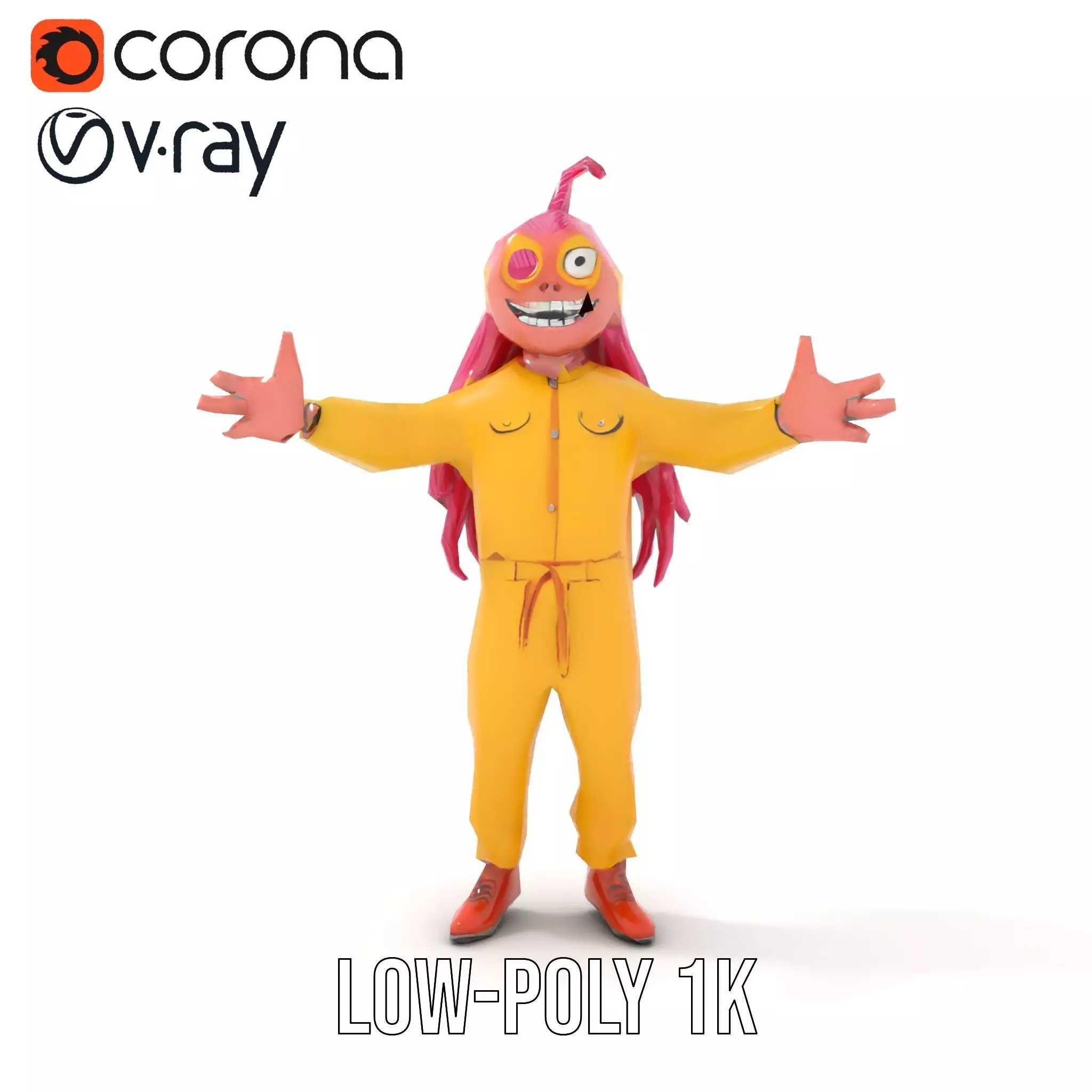 Smiling PinkHaired Character in Yellow Jumpsuit  Rigged and A... Low-poly 3D model_17
