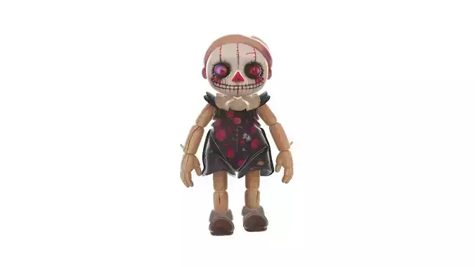 Creepy Wooden Doll with Stitched Face and Floral Dress Horror