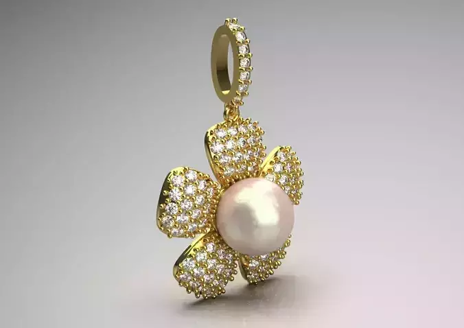 Gold Pearl and Diamond Flower STL Pendant pp0057