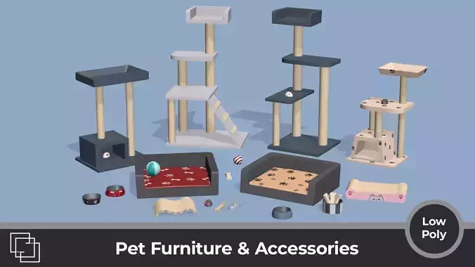 Pet Furniture and Accessories - Low Poly House Items