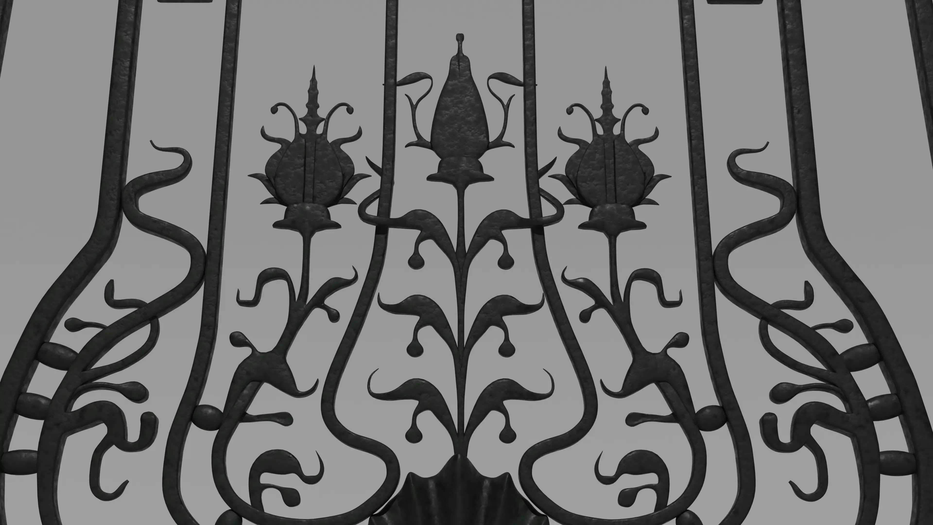 Art Nouveau Ornamental Wrought Iron Gate with Marble Pillars 3D model_2