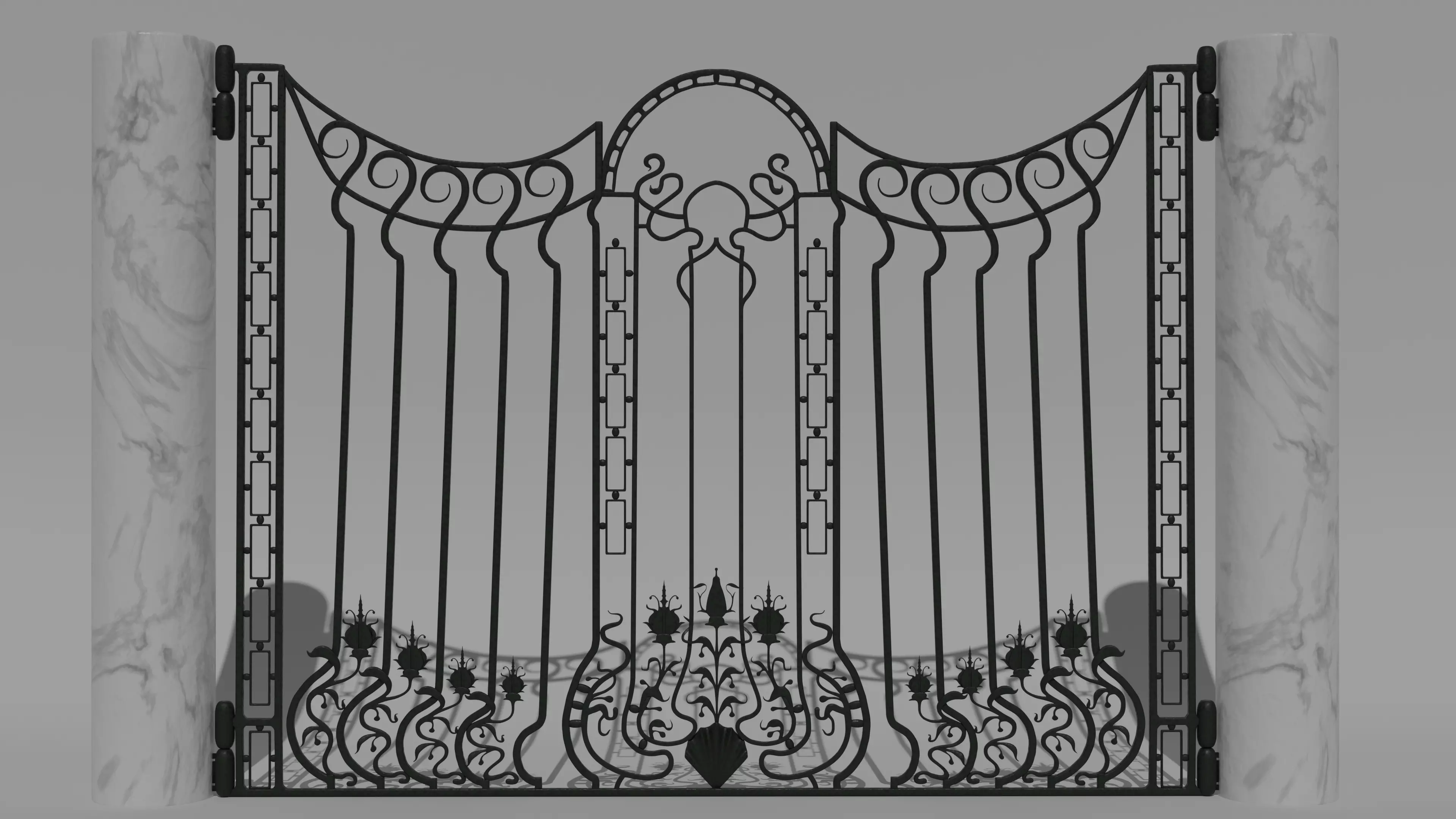Art Nouveau Ornamental Wrought Iron Gate with Marble Pillars 3D model_0