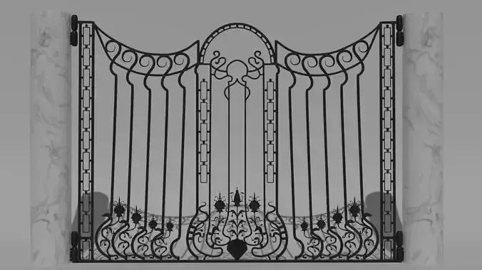 Art Nouveau Ornamental Wrought Iron Gate with Marble Pillars