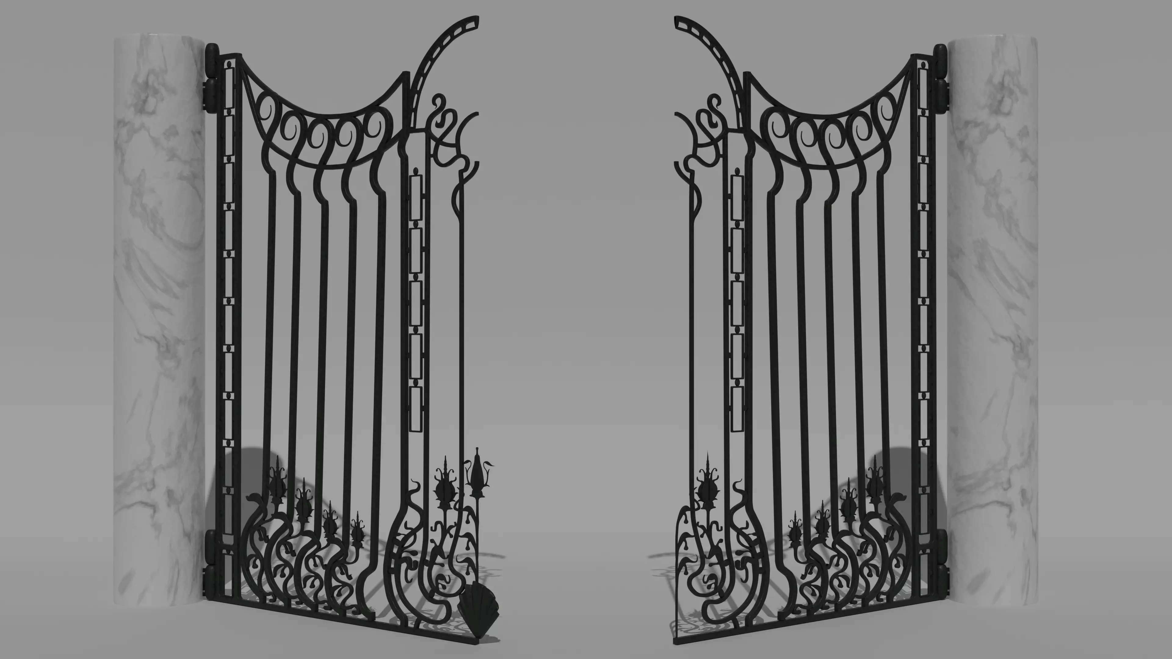 Art Nouveau Ornamental Wrought Iron Gate with Marble Pillars 3D model_1