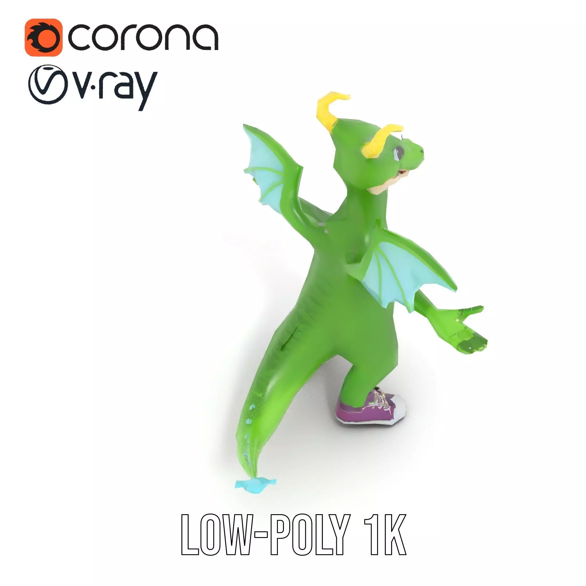 Green Dragon Character Model Rigged and Animated with Sneakers Low-poly 3D model_12