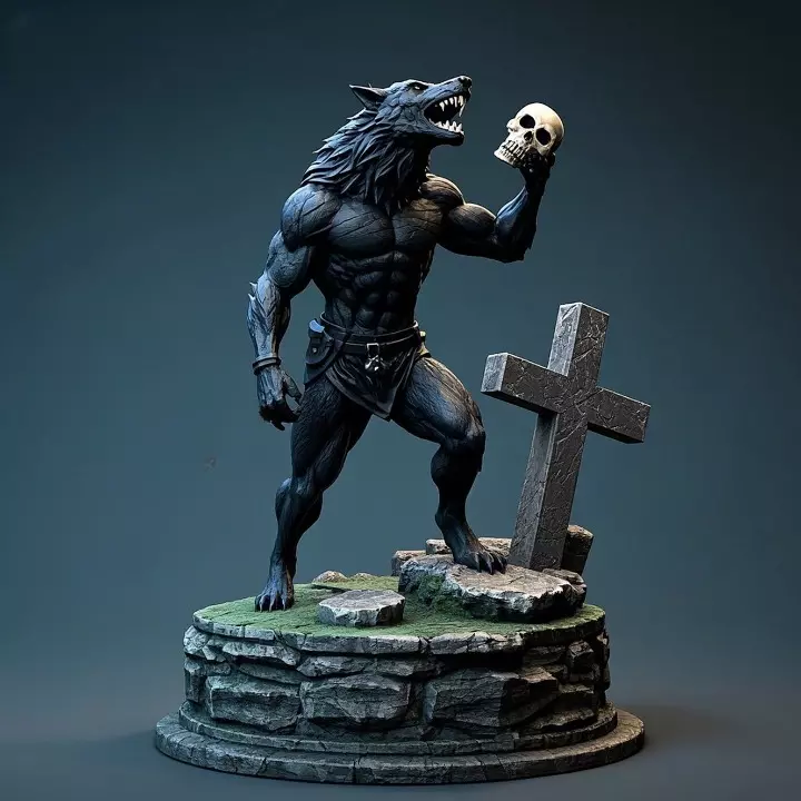 1841 Howling Werewolf with Skull 3D Printed Statue 3D print model_4