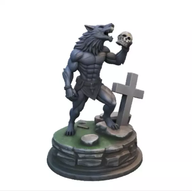 1841 Howling Werewolf with Skull 3D Printed Statue 3D print model_0