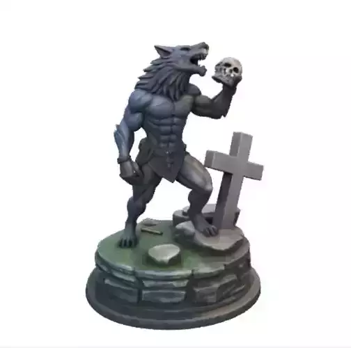 1841  Howling Werewolf with Skull  3D Printed Statue