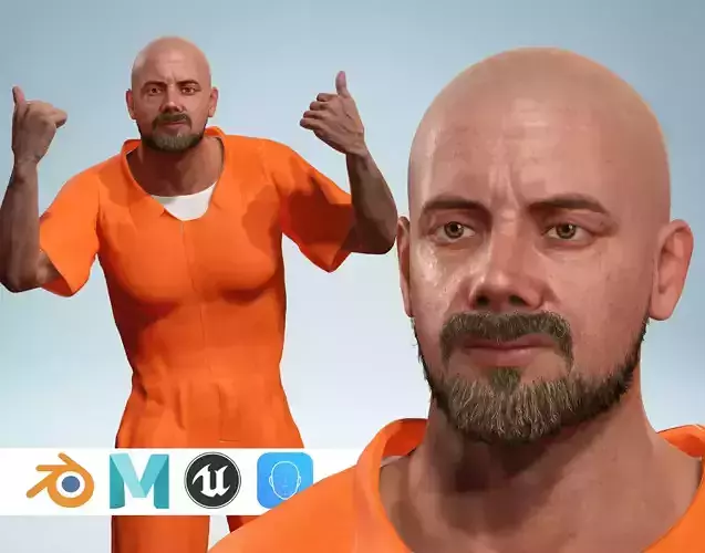 Bald Male Prisoner in Orange Uniform 3D Model Low-poly 3D model