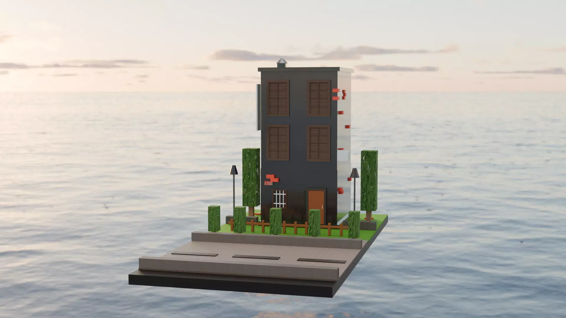 Low Poly Stylized House with Trees and Fence Free low-poly 3D model