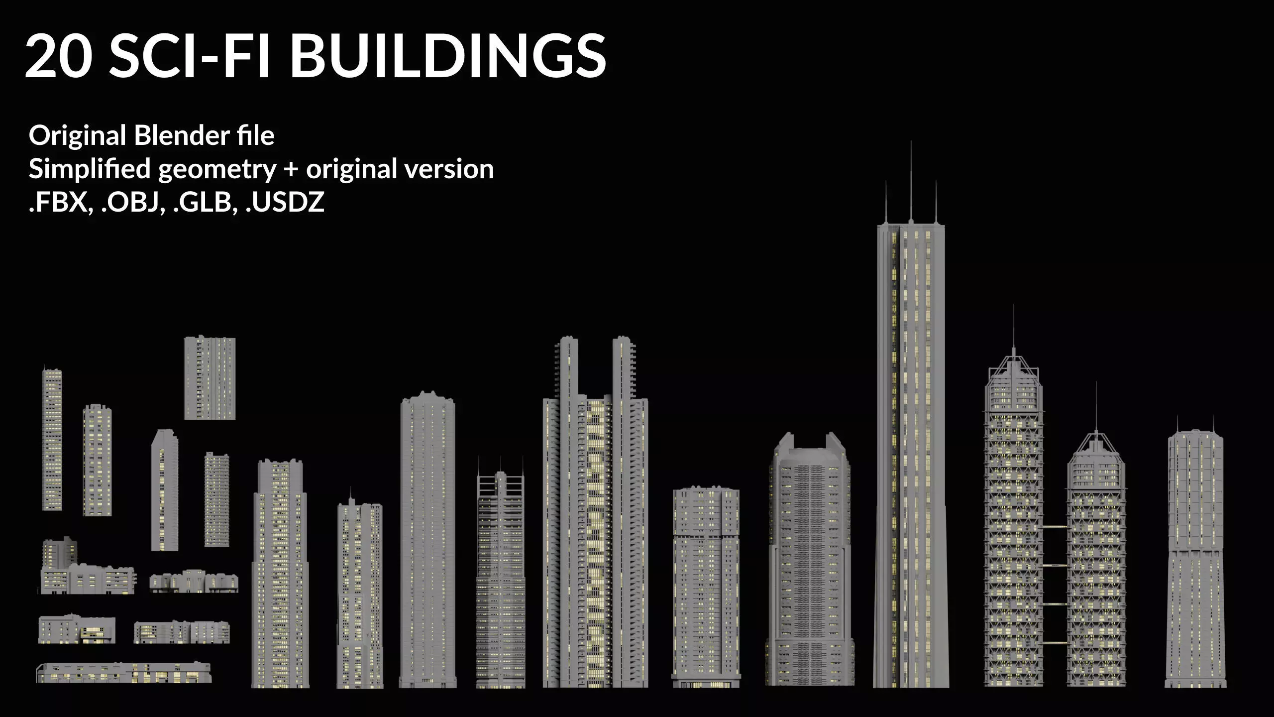 20 Sci-Fi Buildings and Skyscraper Cyberpunk Pack Blender Low-poly 3D model_1