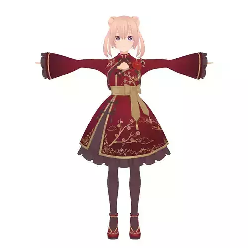 Anime Girl Character 3D Model - Red Floral Dress