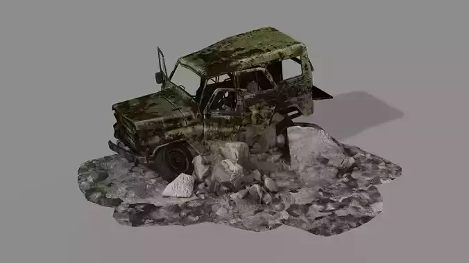 Burnt Destroyed Zeep Car Game Ready 06 Low Poly 3D Model Low-poly 3D model