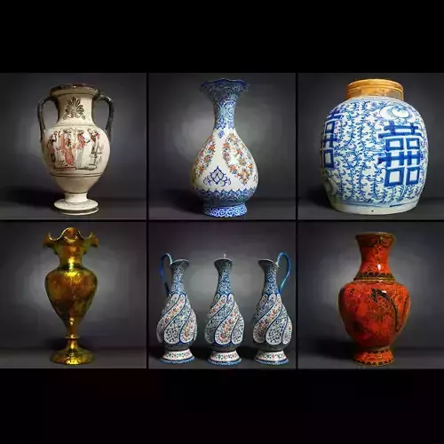 6 Vase Collection chinese Low-poly 3D model