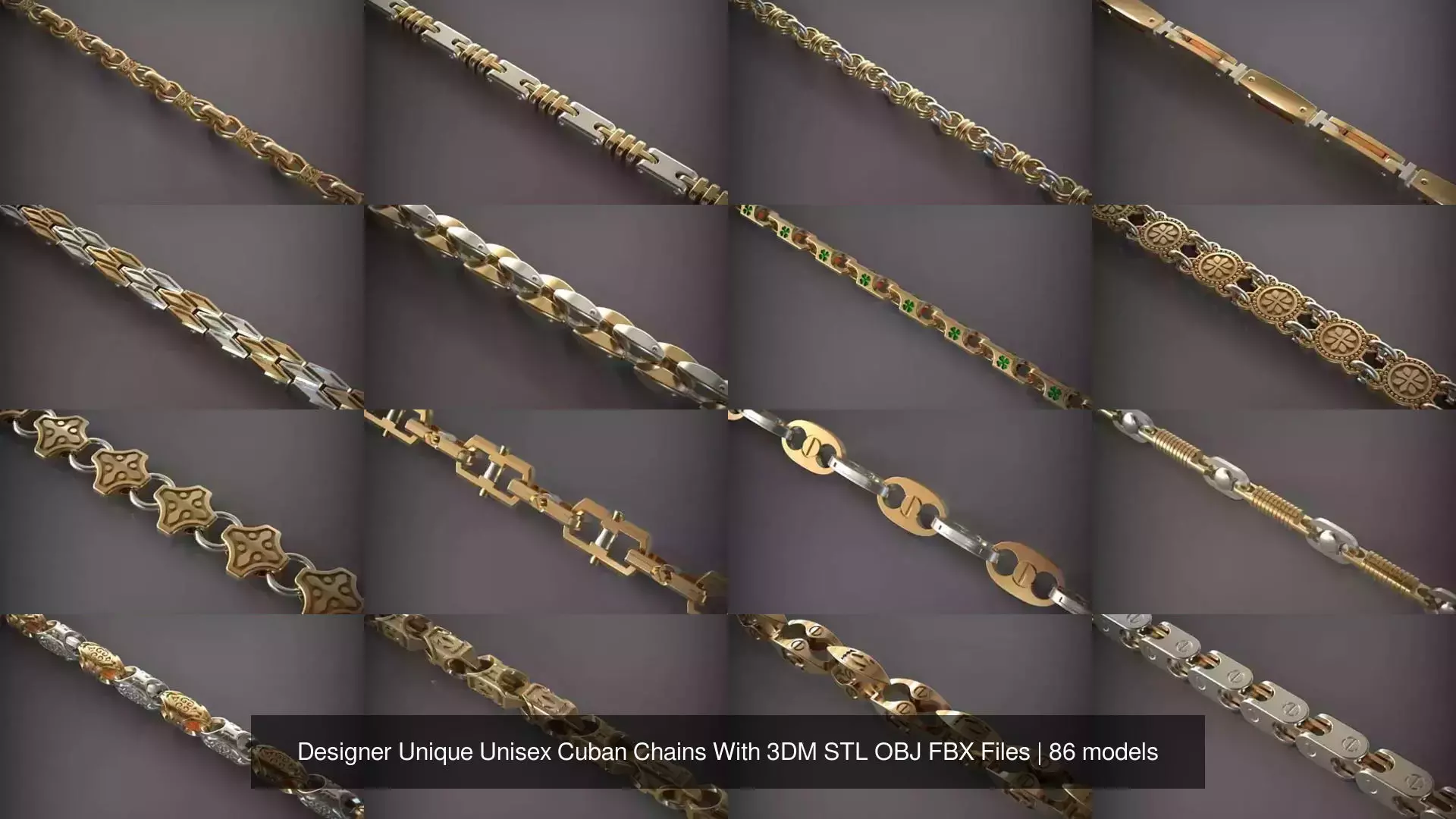 Designer Unique Unisex Cuban Chains With 3DM STL OBJ FBX Files 3D Model Collection_4