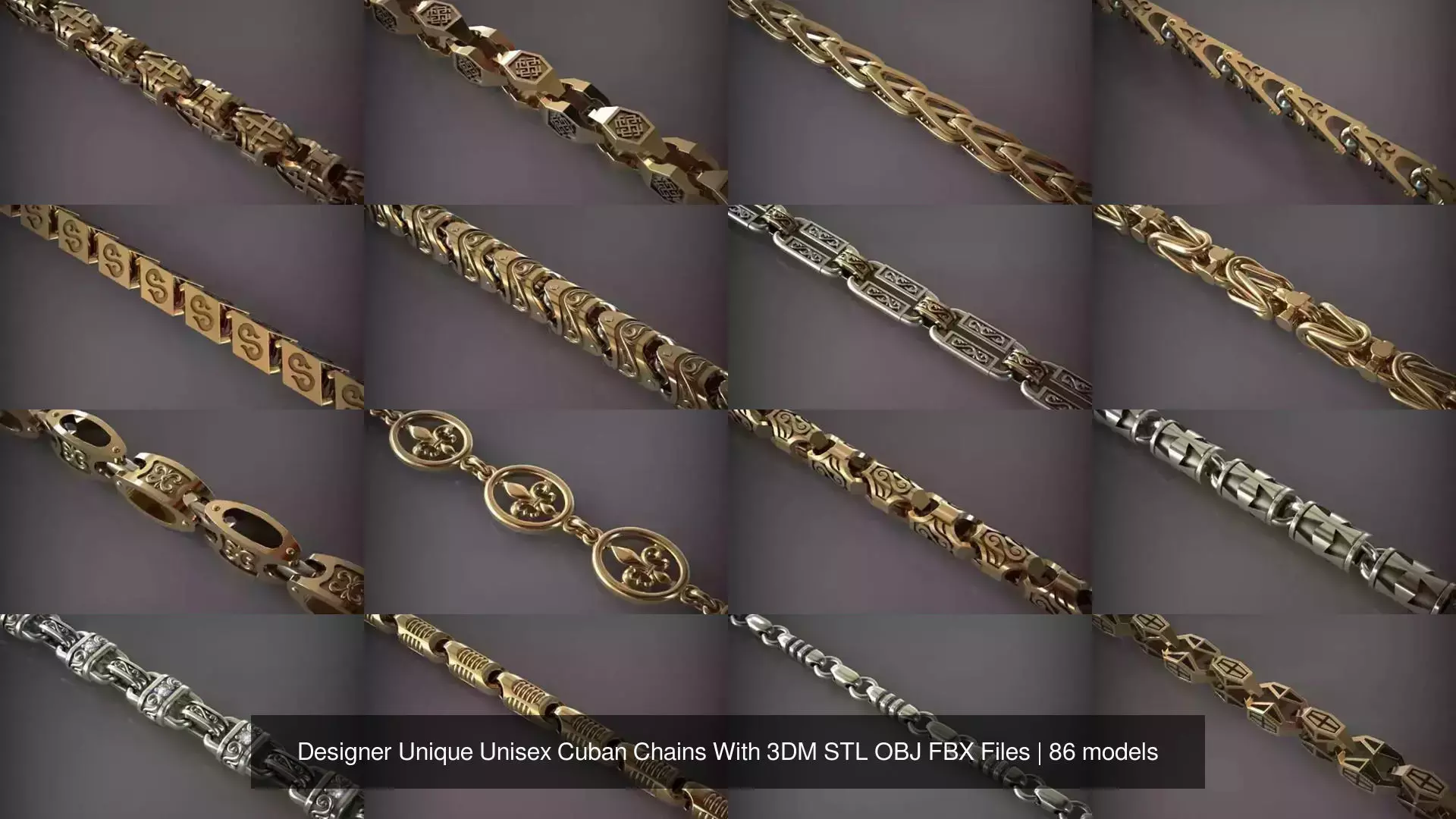 Designer Unique Unisex Cuban Chains With 3DM STL OBJ FBX Files 3D Model Collection_8