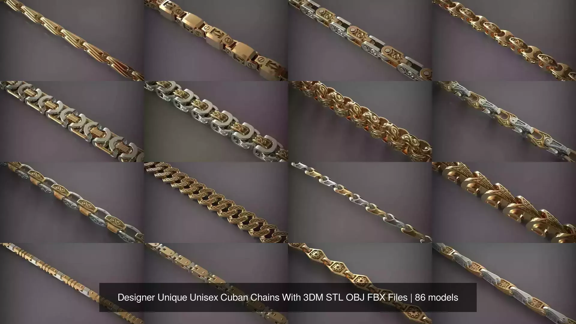 Designer Unique Unisex Cuban Chains With 3DM STL OBJ FBX Files 3D Model Collection_2