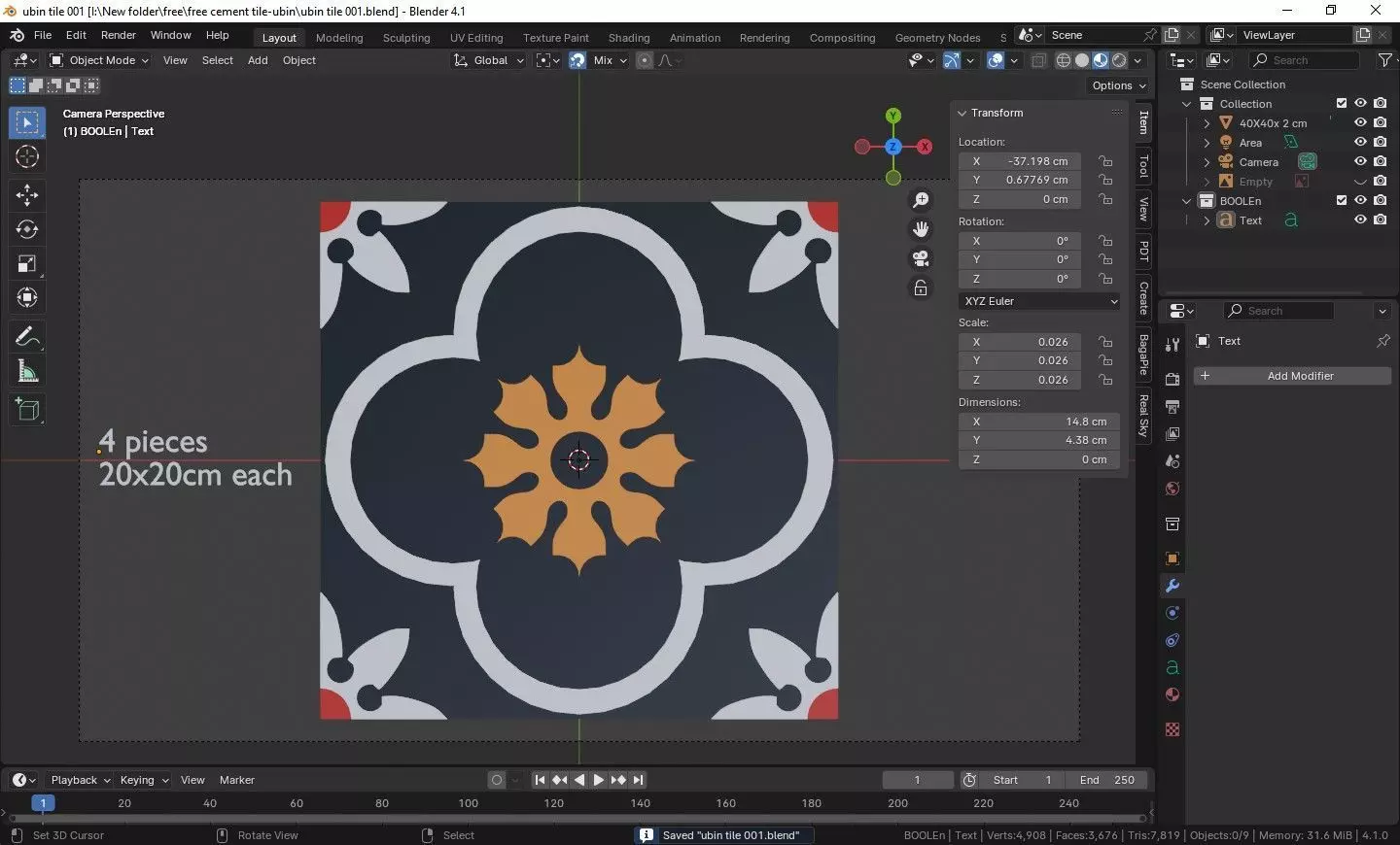 Traditional cement tile ubin Free 3D model_0