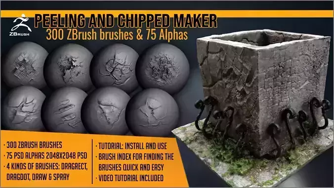 Peeling and Chipped Maker 300 ZBrush brushes and 75 alphas Texture