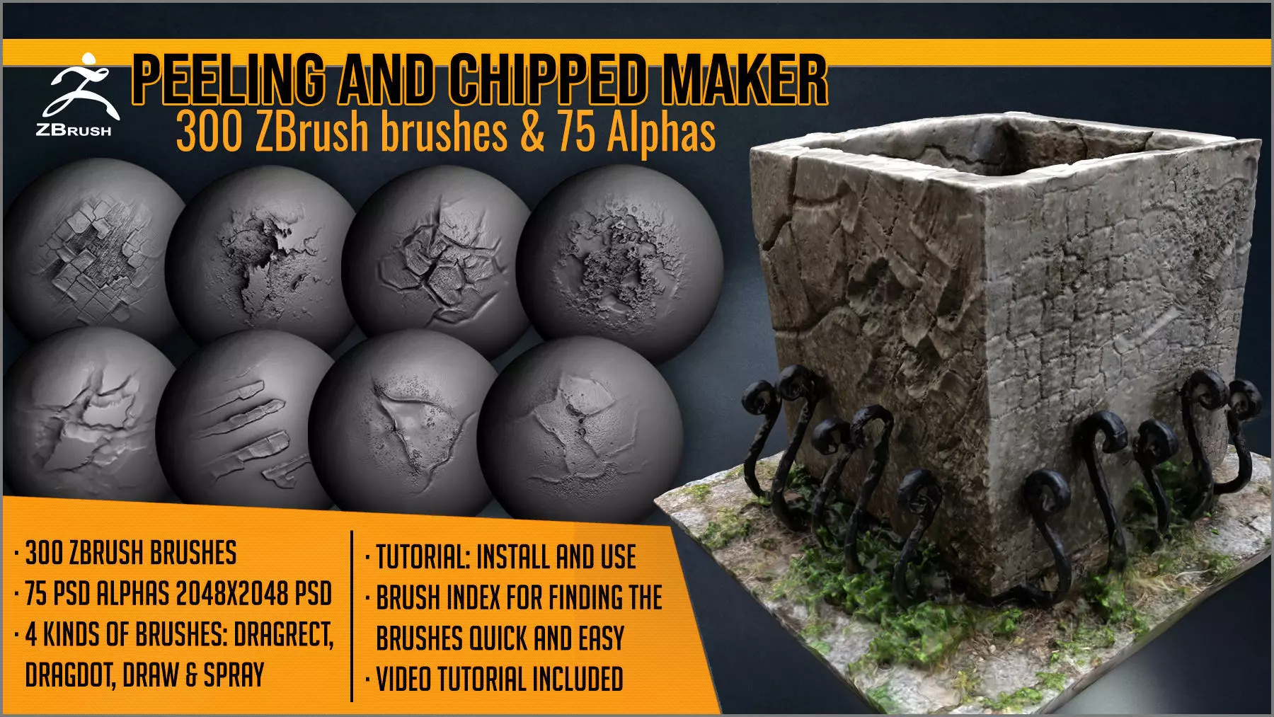 Peeling and Chipped Maker 300 ZBrush brushes and 75 alphas Texture_0