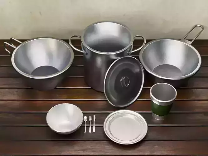 Metal Camping Cookware Set Low-poly 3D model