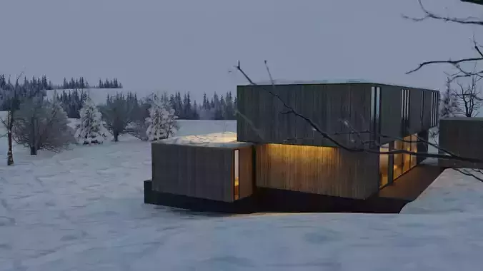 Modern Winter Cabin in snowy Scene Low-poly 3D model 6