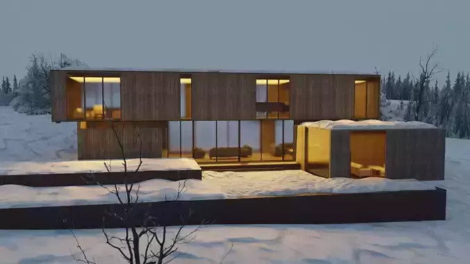 Modern Winter Cabin in snowy Scene Low-poly 3D model 3