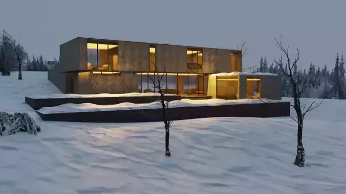 Modern Winter Cabin in snowy Scene Low-poly 3D model 2