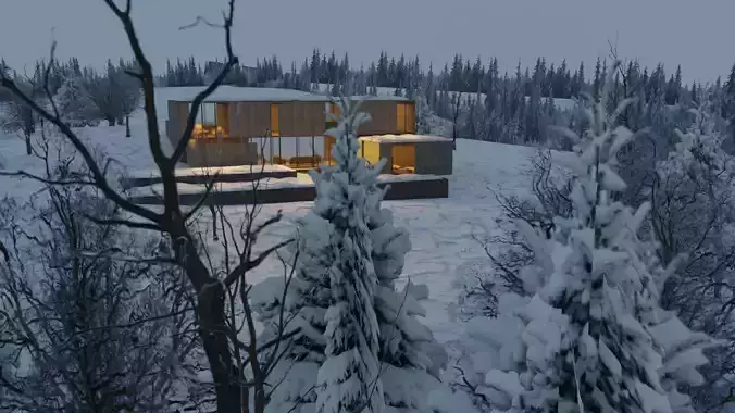 Modern Winter Cabin in snowy Scene