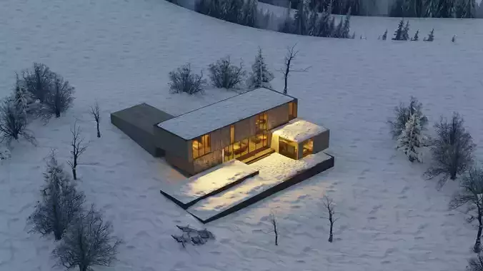 Modern Winter Cabin in snowy Scene Low-poly 3D model 5