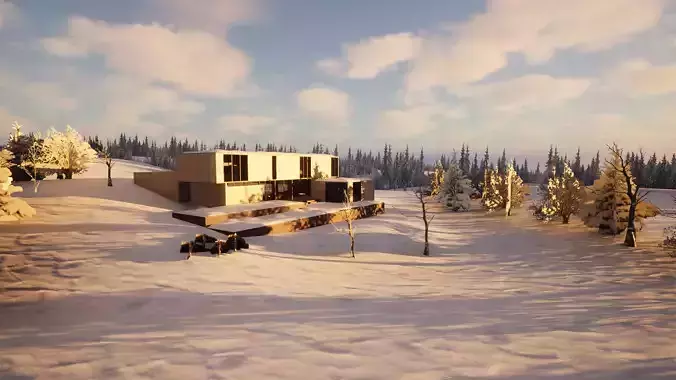 Modern Winter Cabin in snowy Scene Low-poly 3D model 4