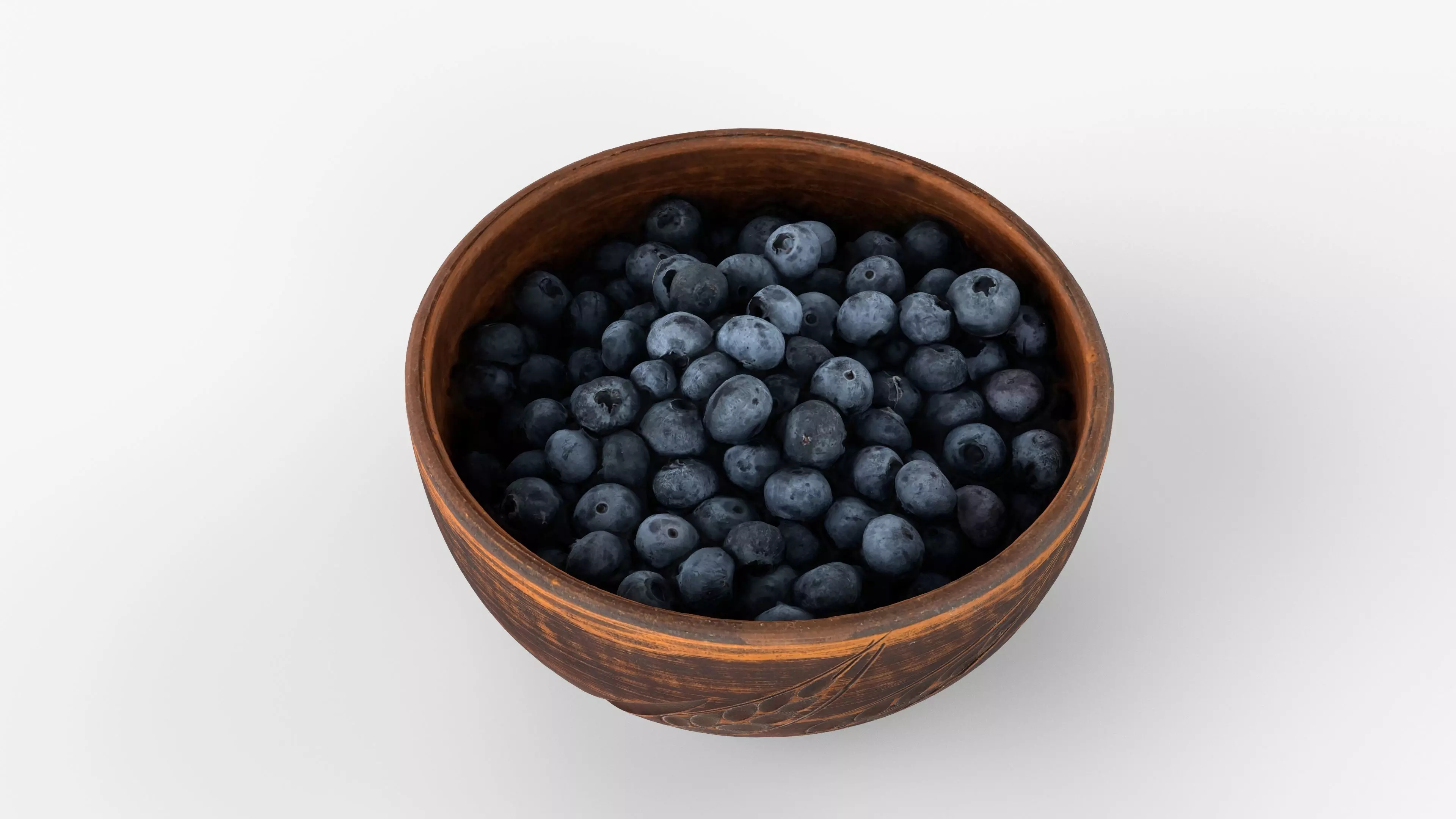 Photorealistic 3D scan of fresh blueberries in rustic clay bowl Low-poly 3D model_1