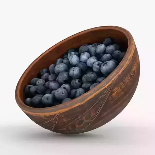 Photorealistic 3D scan of fresh blueberries in rustic clay bowl