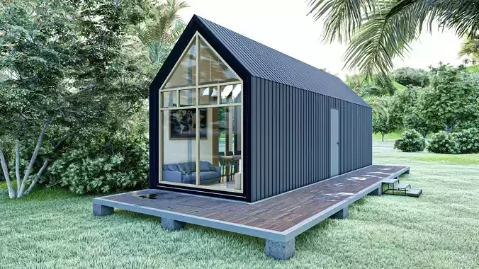 Modern Tiny House with Elevated Deck Compact Cabin 3D Model