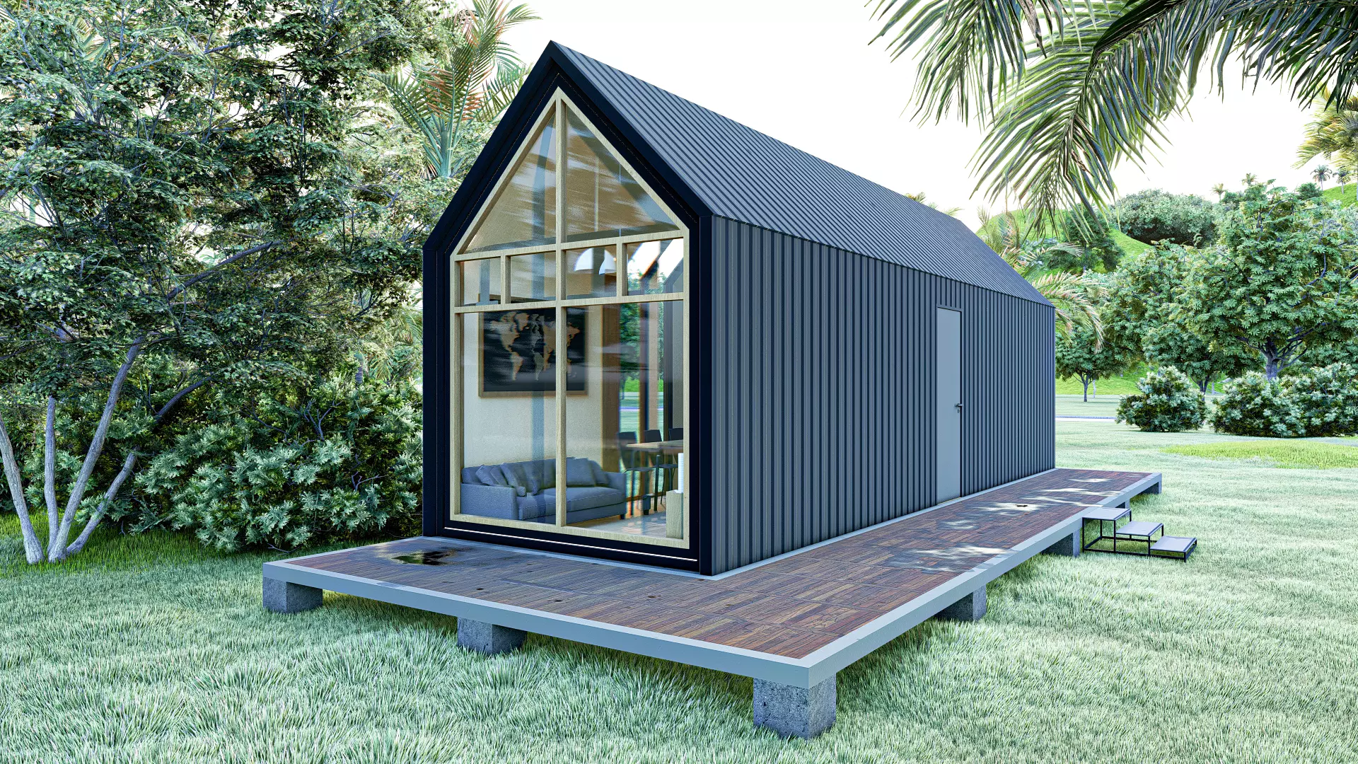 Modern Tiny House with Elevated Deck Compact Cabin 3D Model Low-poly 3D model