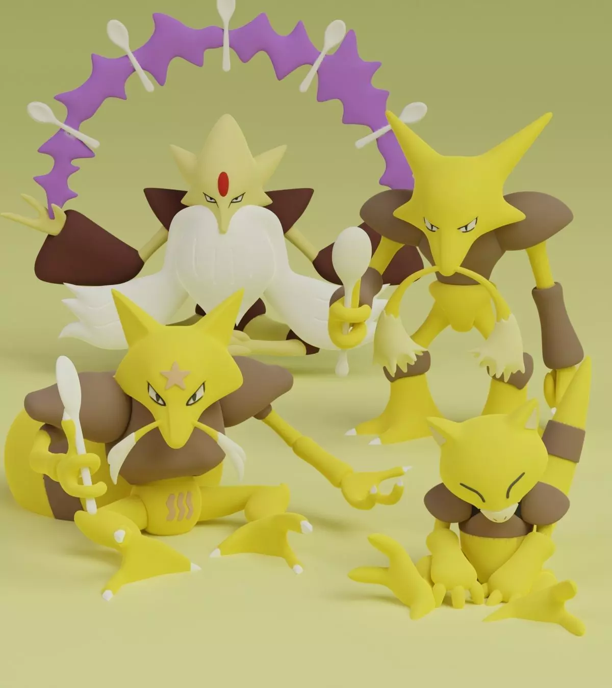 Abra Kadabra Alakazam Mega Alakazam Pokemon Fanart Pack 2 poses 3D print model_0