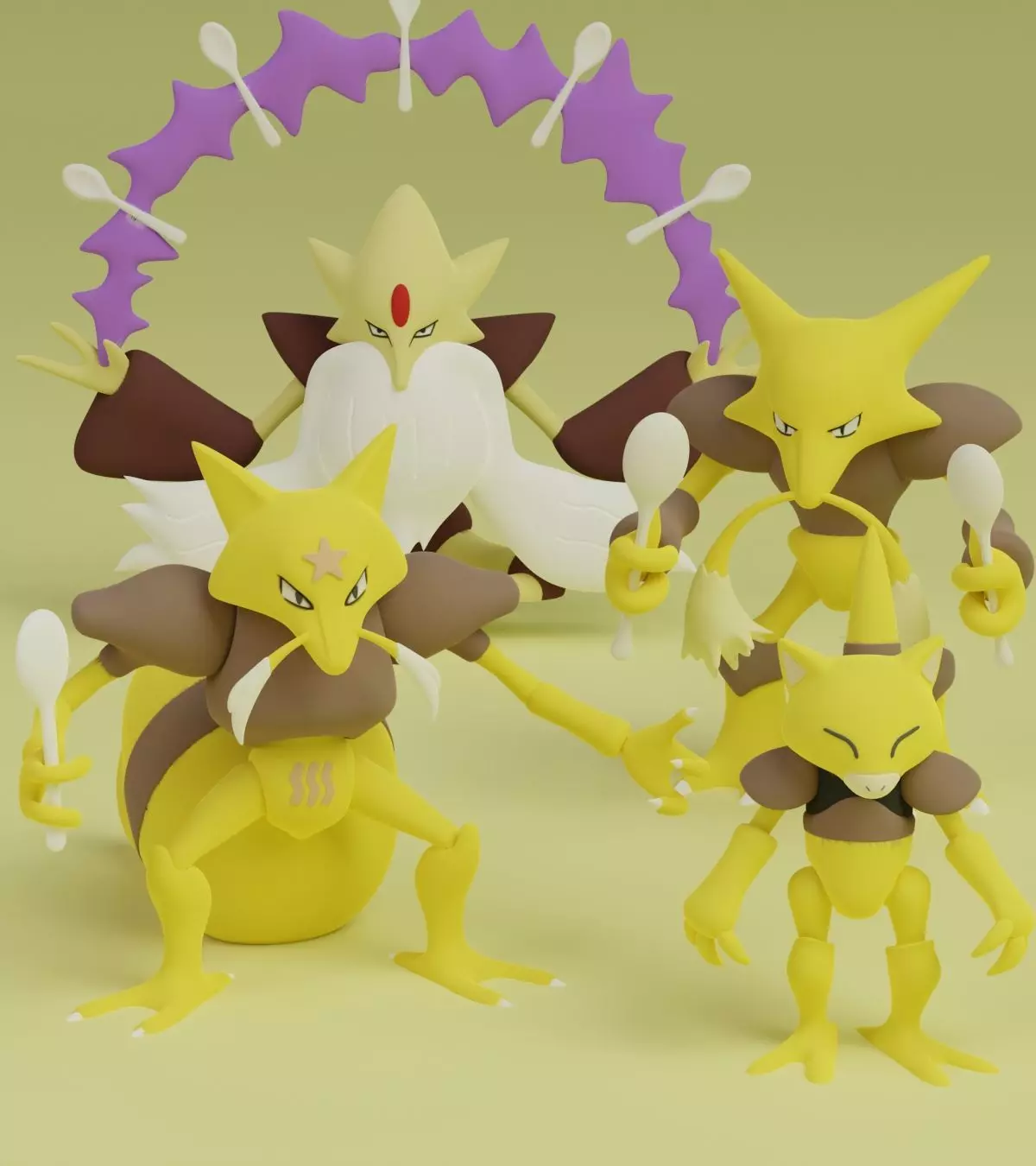 Abra Kadabra Alakazam Mega Alakazam Pokemon Fanart Pack 2 poses 3D print model_1