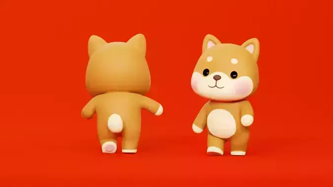 Cartoon Dog Shiba Chibi Kawaii Character Rigged Animated Low-poly 3D model