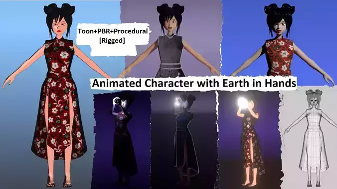 Animated Character with Glowing Earth and Kimono Outfit