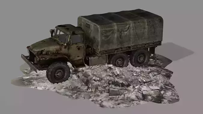 Burnt Destroyed Army Truck Game Ready 09 Low Poly 3D Model Low-poly 3D model