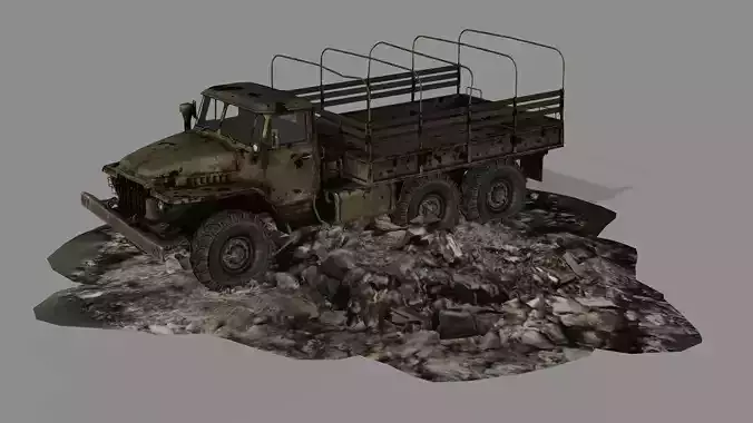 Burnt Destroyed Army Truck2 Game Ready 10 Low Poly 3D Model Low-poly 3D model