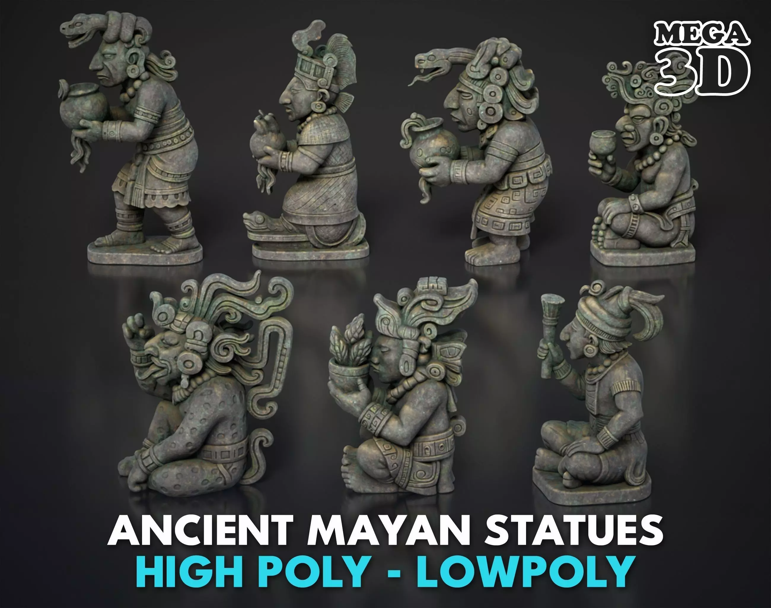 7 Ancient Mayan Statues 3D Asset Pack 250818 Low-poly 3D model_0