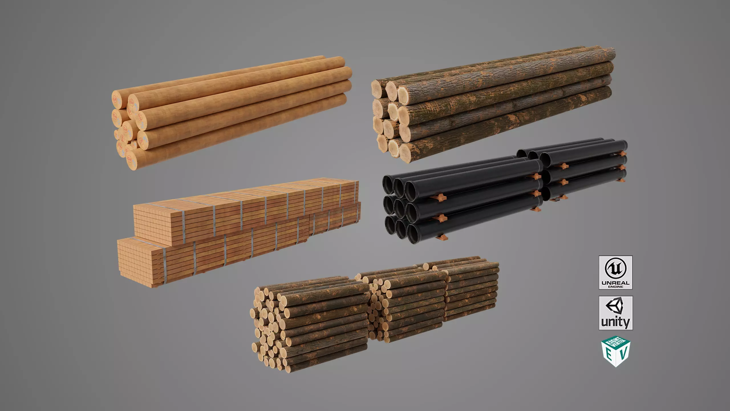 Log Trailer 5 Loads with Single Mat Collection All PBR Textures Low-poly 3D model_1