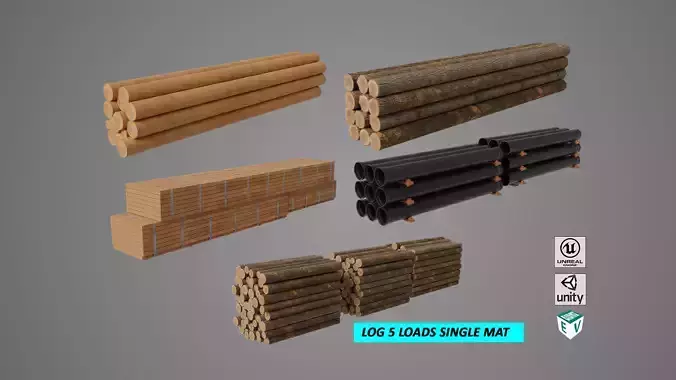 Log Trailer 5 Loads with Single Mat Collection All PBR Textures