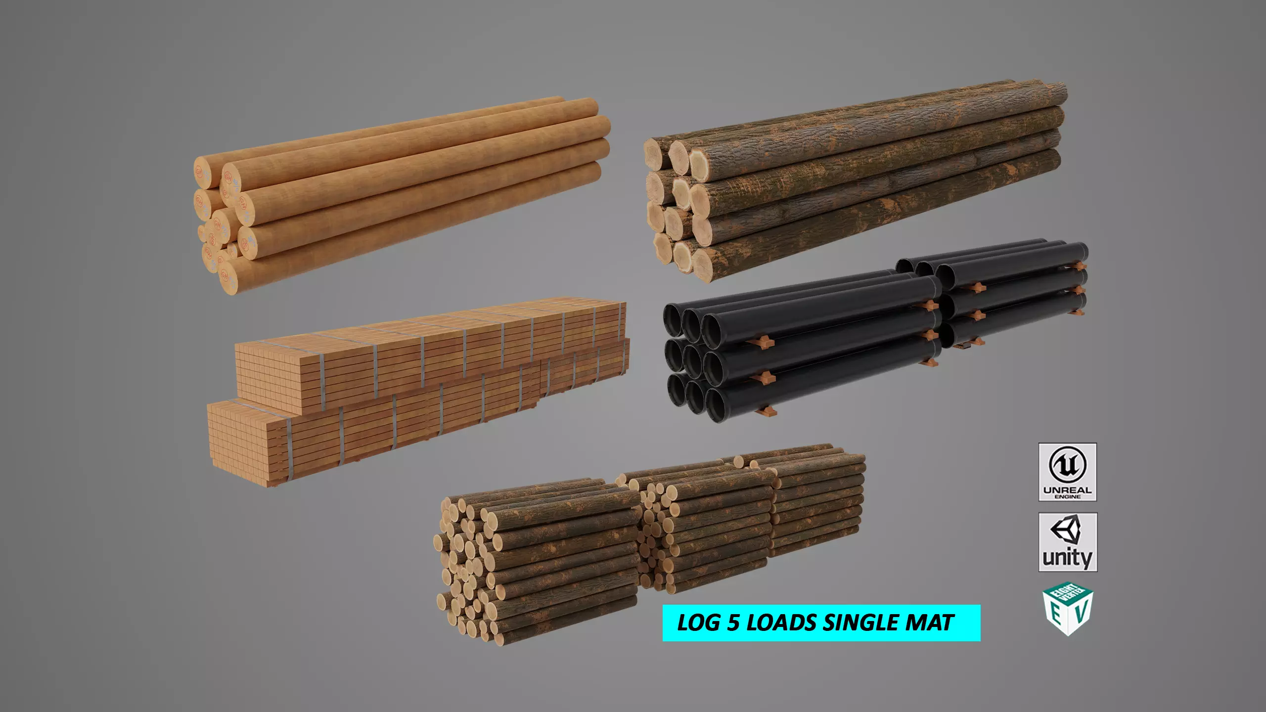 Log Trailer 5 Loads with Single Mat Collection All PBR Textures Low-poly 3D model_0